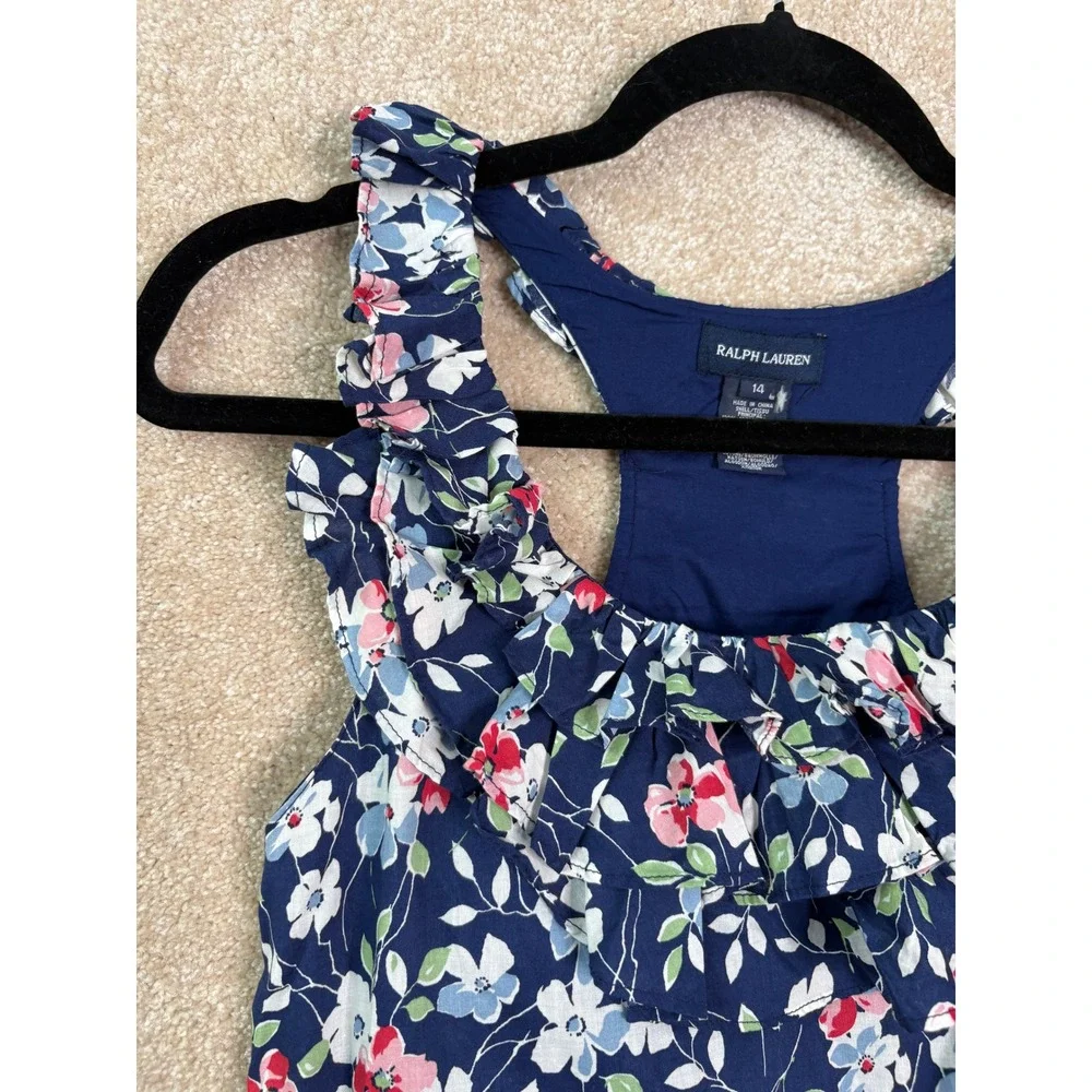 RALPH LAUREN Floral Dress Girls Size 14 Navy Blue Summer Preppy Designer